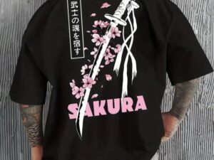 Maypra "Sakura Blade" Floral Katana Oversized Graphic T-Shirt in Black